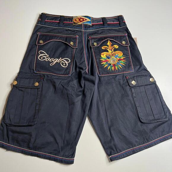 y2k vintage Coogi Mens Cargo Shorts Black Multicolor Stitch Embroidered Logo W36